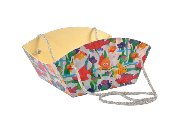Handmade basket, boat shaped with strings to carry