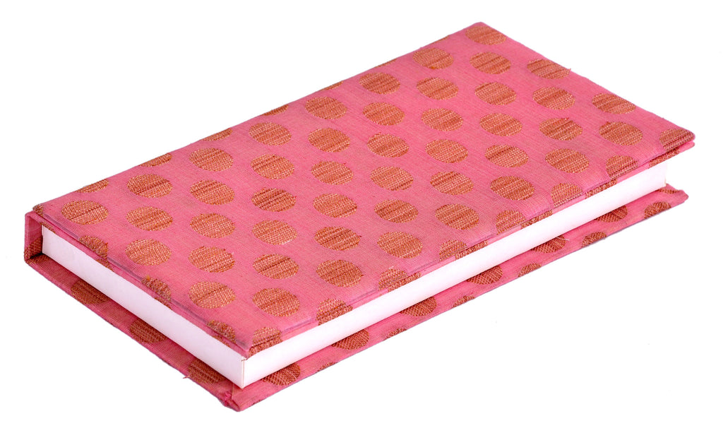 Handmade, cash box, covered in soft pink brocade cloth, magnetic lock.