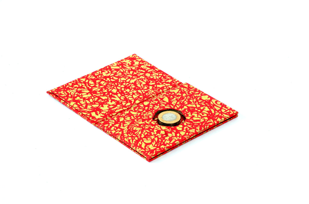 Handmade, cash/coin box, groove for coin, magnetic lock, covered in rich gold and red handmade sheet