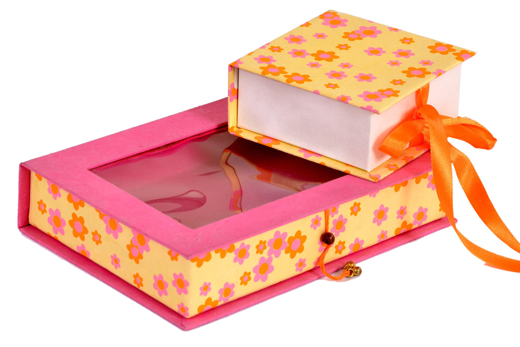 Handmade, chocolate boxes, yellow & pink floral handmade sheet, attached lid
