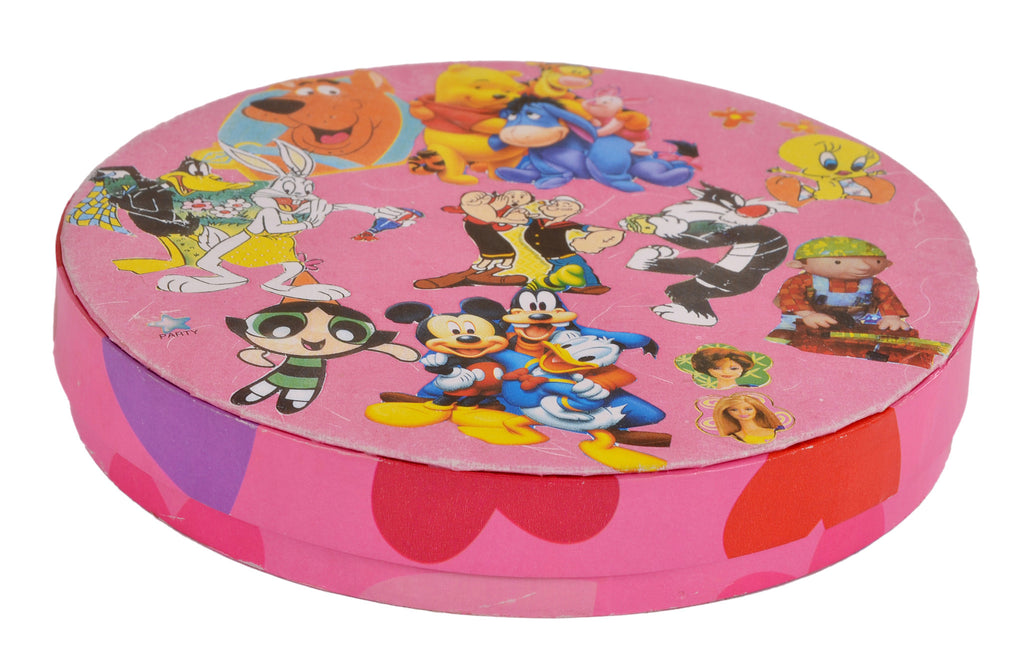 Handmade, round, chocolate & cookie box, cartoon print, ideal for kids.