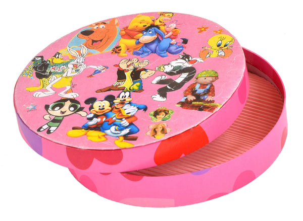 Handmade, round, chocolate & cookie box, cartoon print, ideal for kids.