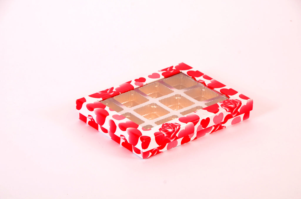 Handmade, chocolate box with partitions, transparent lid, hearts printed in red