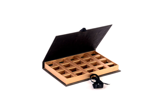 Handcrafted, chocolate box in rich gold and black paper