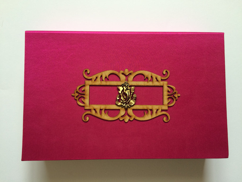 Handmade wedding card, colorful inserts, box in vibrant pink and gold.