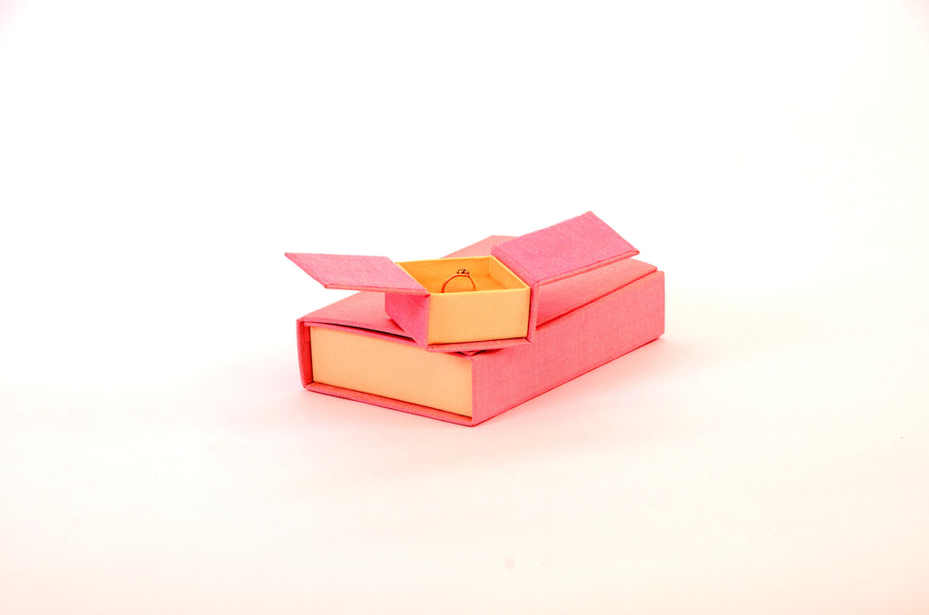 Handcrafted, jewellery boxes, covered in pink raw silk, velvet cushion, magnetic loc