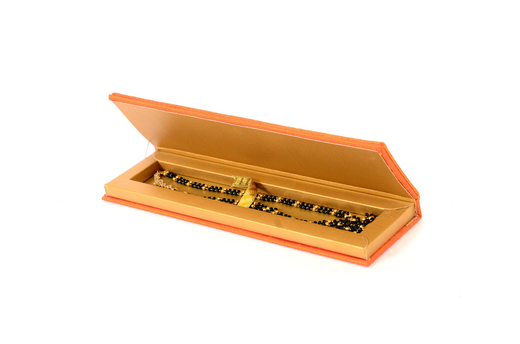 Handcrafted, long jewellery box, covered with orange silk, cushioned top, magnetic lock