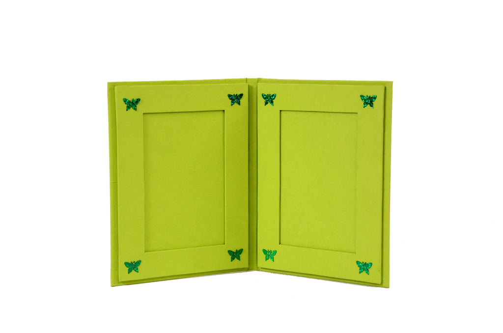 Handmade photo frame with butterfly motifs, can hold 2 photos, book like pattern