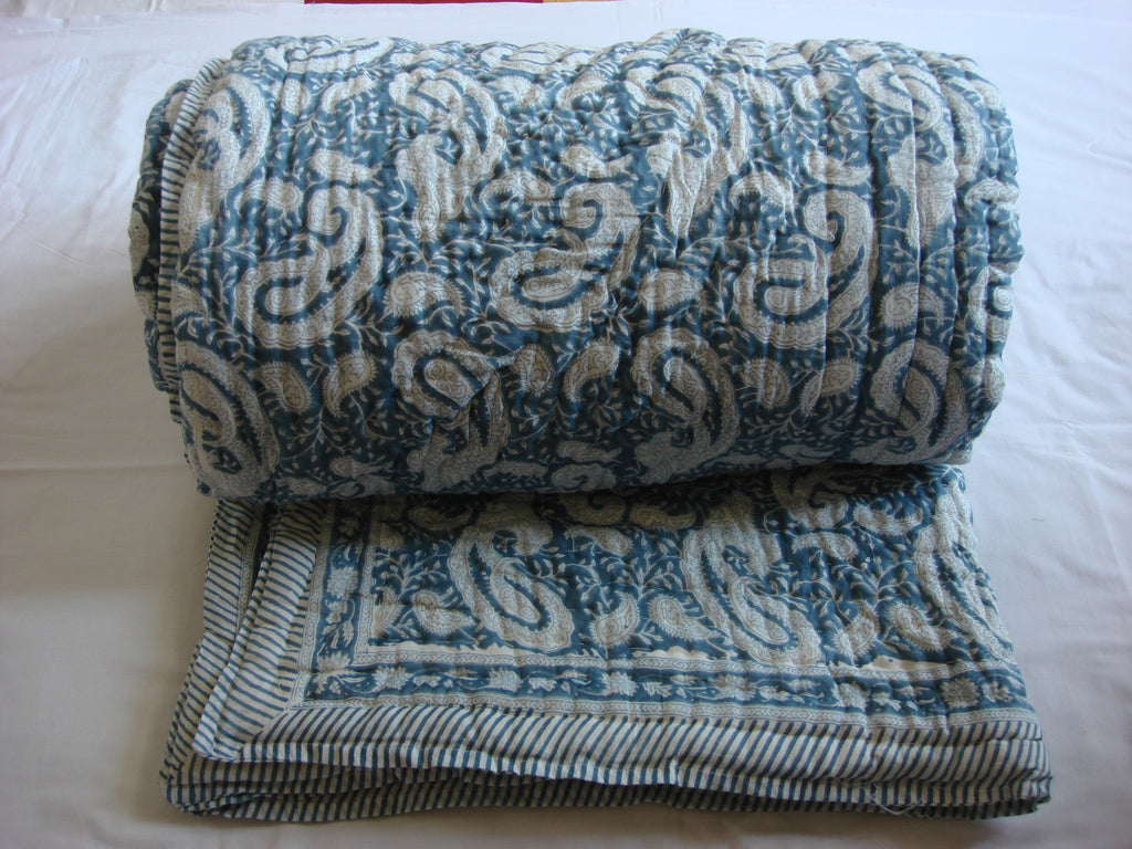 Handmade, cotton, block printed quilt with paisleys in indigo blue