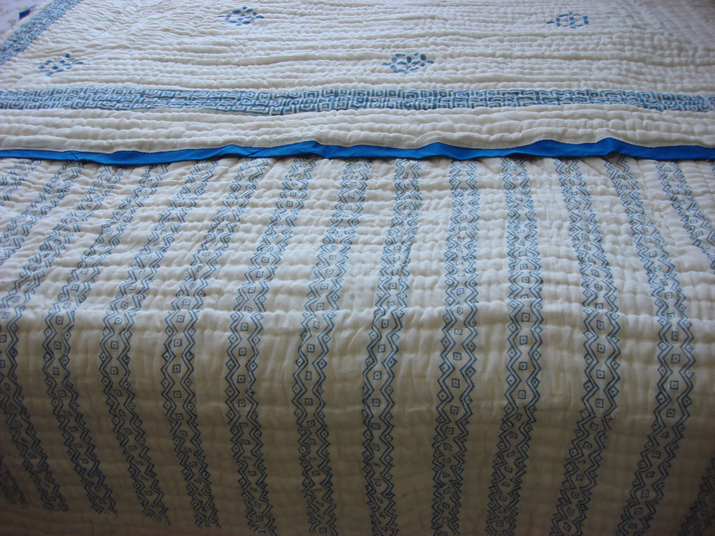 Handmade, reversible, cotton, block printed quilt,  geometric pattern in indigo