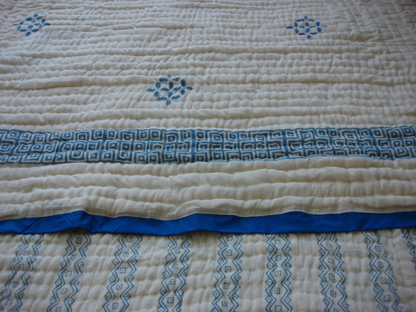 Handmade, reversible, cotton, block printed quilt,  geometric pattern in indigo