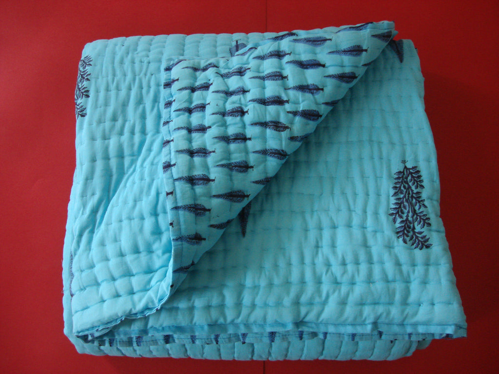 Handmade, reversible, cotton, block printed quilt in turquoise blue