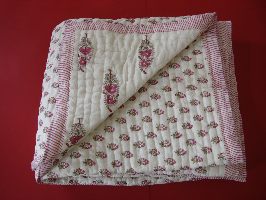 Handmade, reversible, cotton, block printed quilt in bright pink floral design. ,  - Pentagon Crafts, Pentagon Crafts
