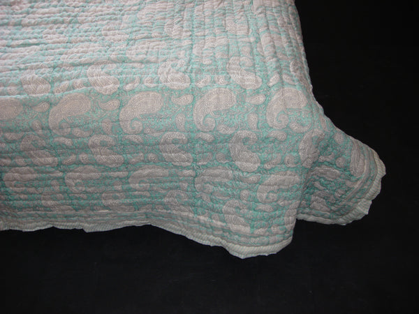 Handmade, reversible, cotton, block printed quilt in sea green, intricate ethnic design.