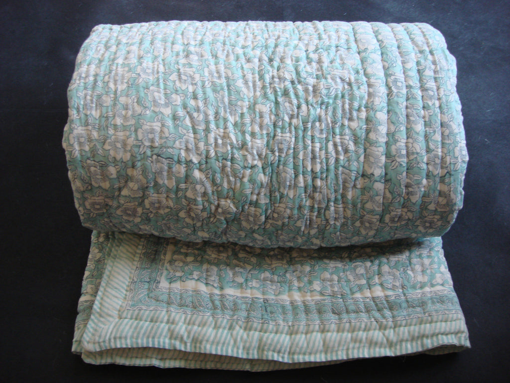 Handmade, reversible, cotton, block printed quilt in sea green, intricate ethnic design. ,  - Pentagon Crafts, Pentagon Crafts
 - 1
