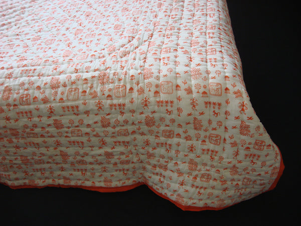 Handmade, reversible, cotton, block printed quilt in sunny orange Egyptian design