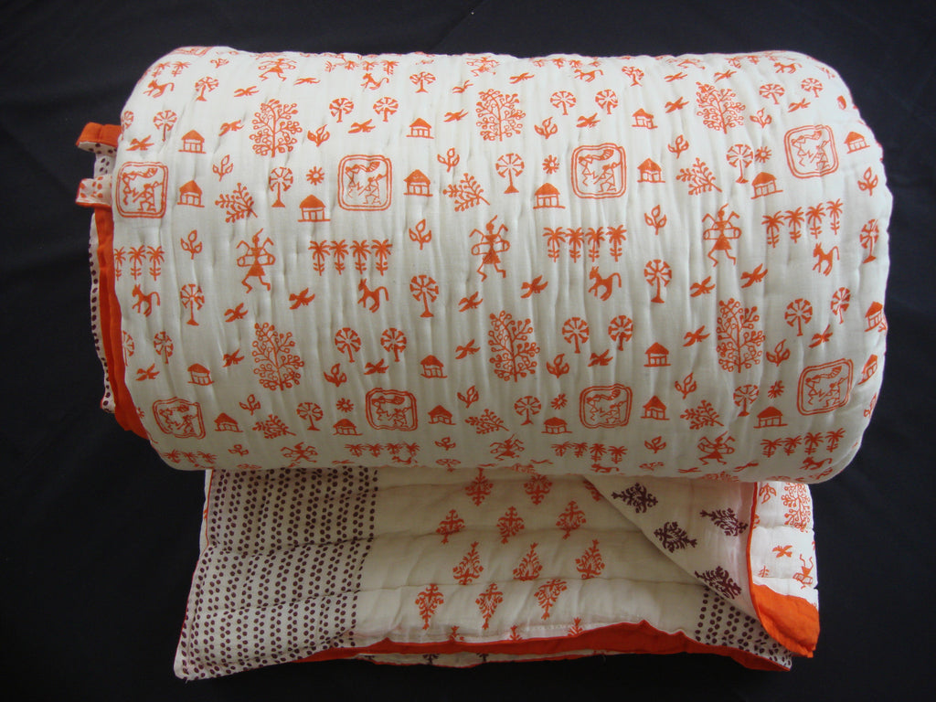 Handmade, reversible, cotton, block printed quilt in sunny orange Egyptian design