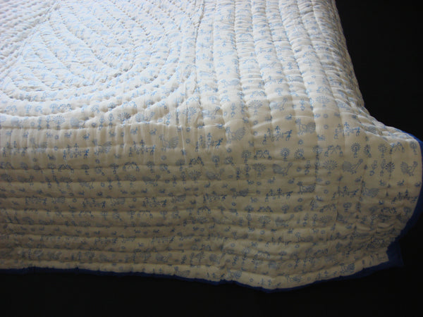 Handmade, reversible, cotton, block printed quilt in ocean blue, Egyptian design