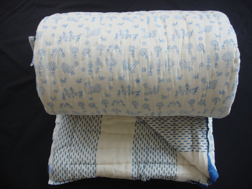 Handmade, reversible, cotton, block printed quilt in ocean blue, Egyptian design