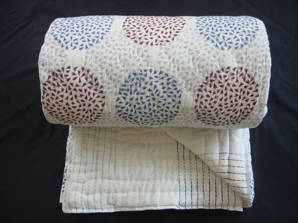 Handmade quilt, reversible, cotton, block printed maple leaves, nature’s delight