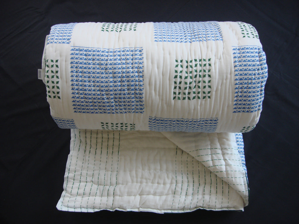 Handmade quilt, reversible, cotton, block printed beautifully in alternate pattern.