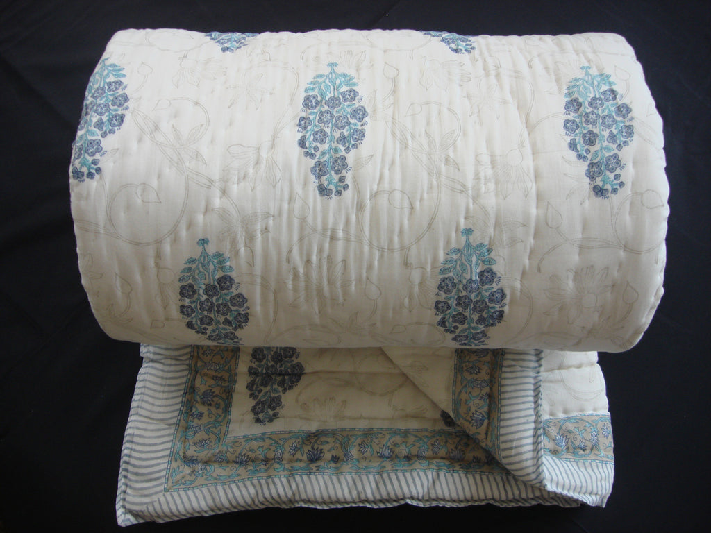 Handmade quilt, cotton, block printed flower bunches in soft blue ,  - Pentagon Crafts, Pentagon Crafts
 - 1