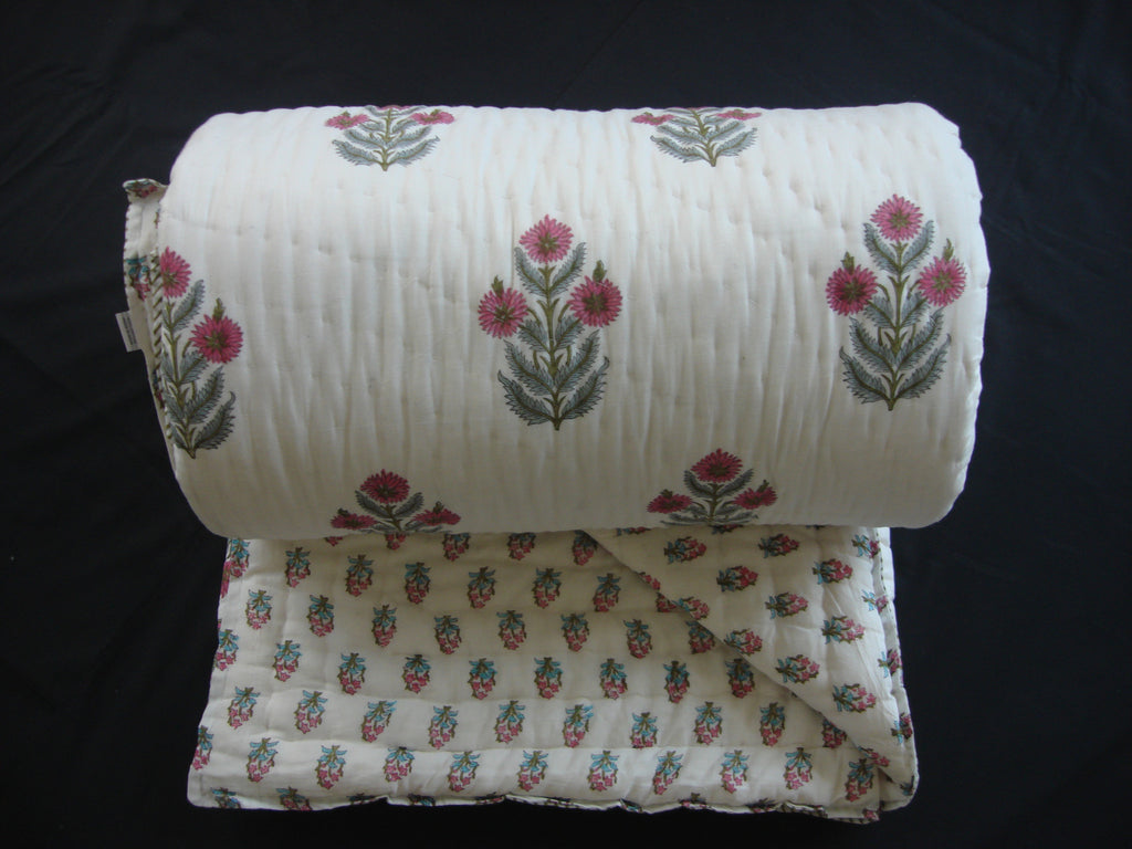 Handmade, reversible, cotton, block printed quilt in bright pink floral design ,  - Pentagon Crafts, Pentagon Crafts
 - 1