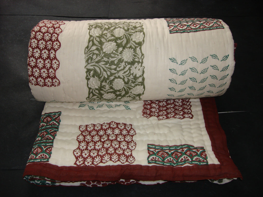 Handmade quilt, reversible, cotton, block printed in patchwork style, combination of different blocks ,  - Pentagon Crafts, Pentagon Crafts
 - 1