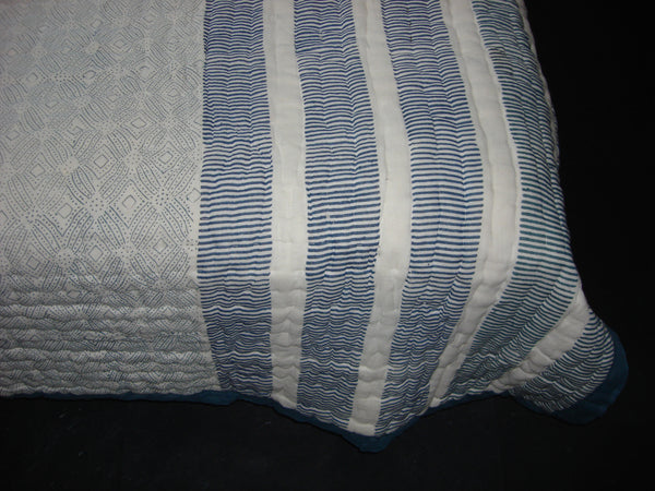 Handmade, reversible, cotton, block printed designer quilt, shades of green and blue.