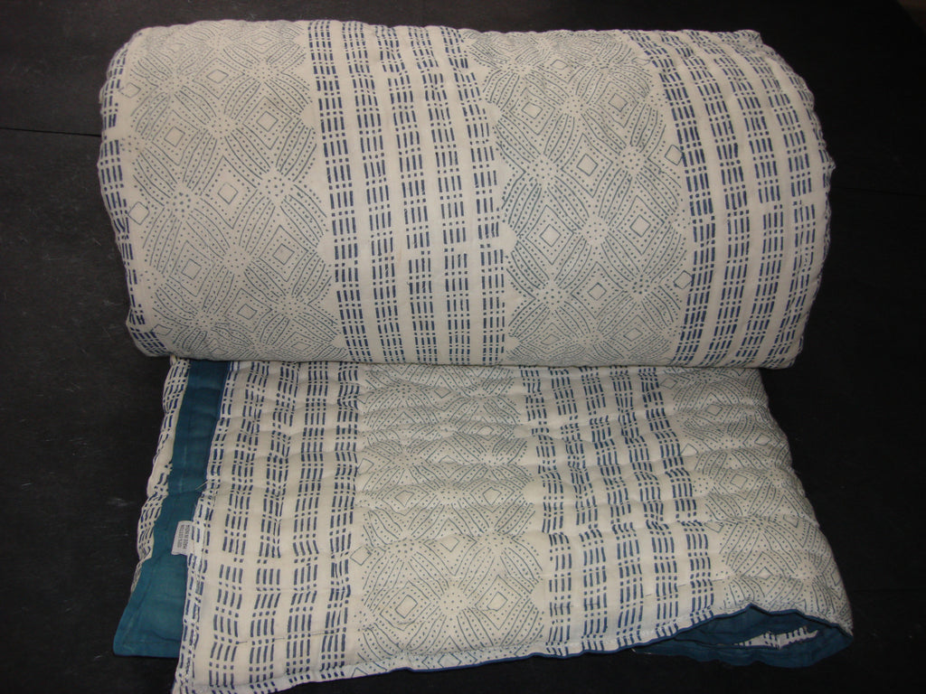 Handmade, reversible, cotton, block printed designer quilt, shades of green and blue. ,  - Pentagon Crafts, Pentagon Crafts
 - 1