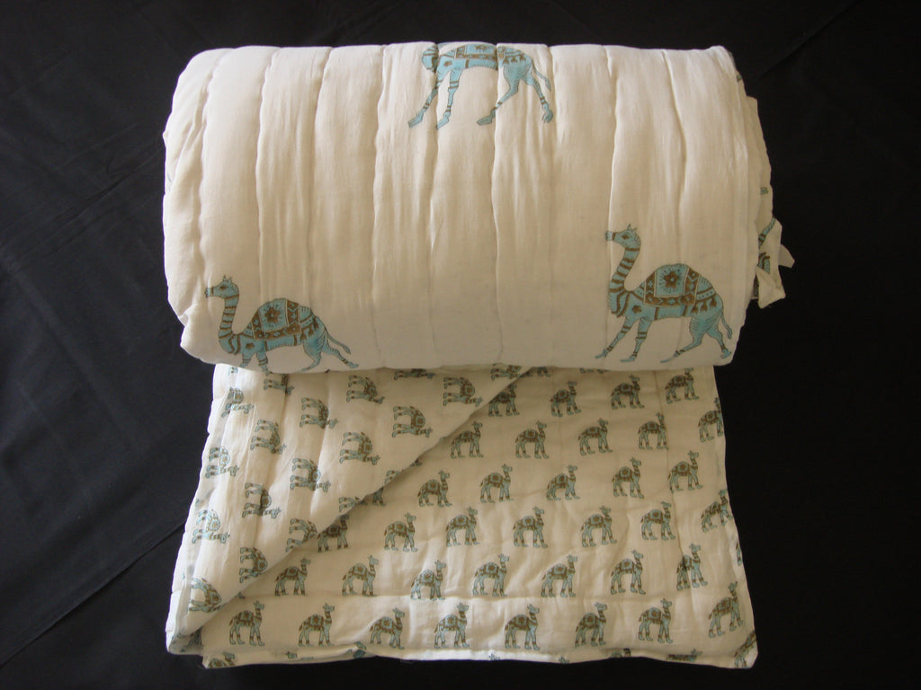 Handmade, reversible, cotton, block printed quilt, camel print