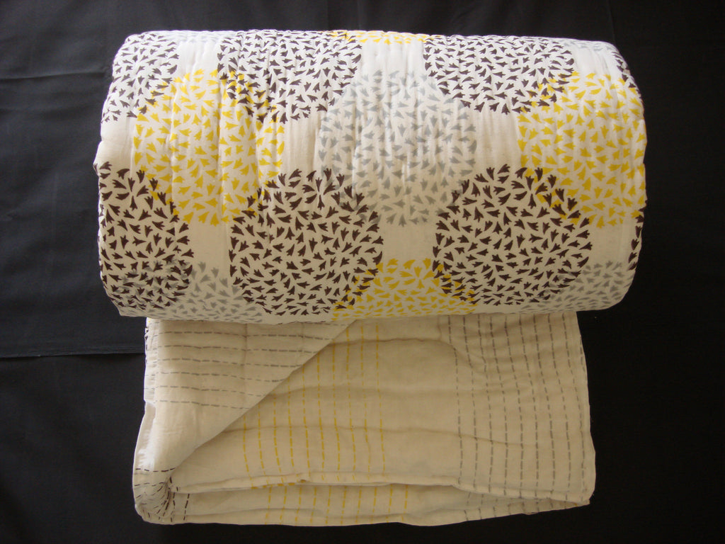 Handmade quilt, reversible, cotton, block printed maple leaves, nature’s delight