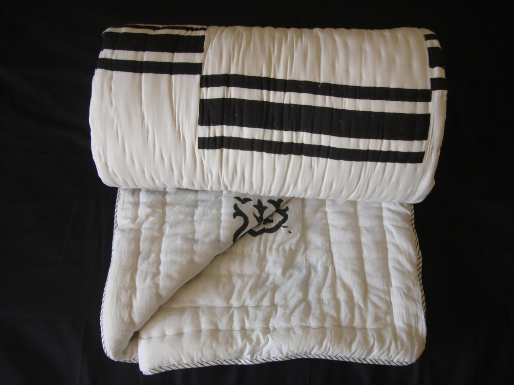 Handmade, reversible, cotton, block printed designer quilt in black