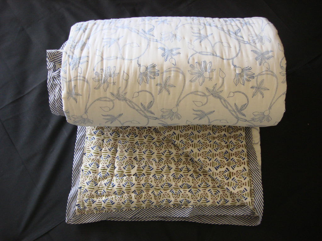 Handmade quilt, reversible, cotton, block printed, intrinsic design