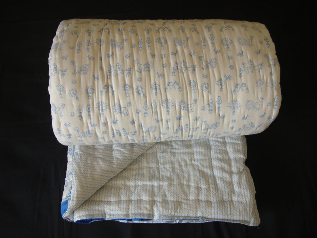 Handmade, reversible, cotton, block printed quilt in soft blue, Egyptian design