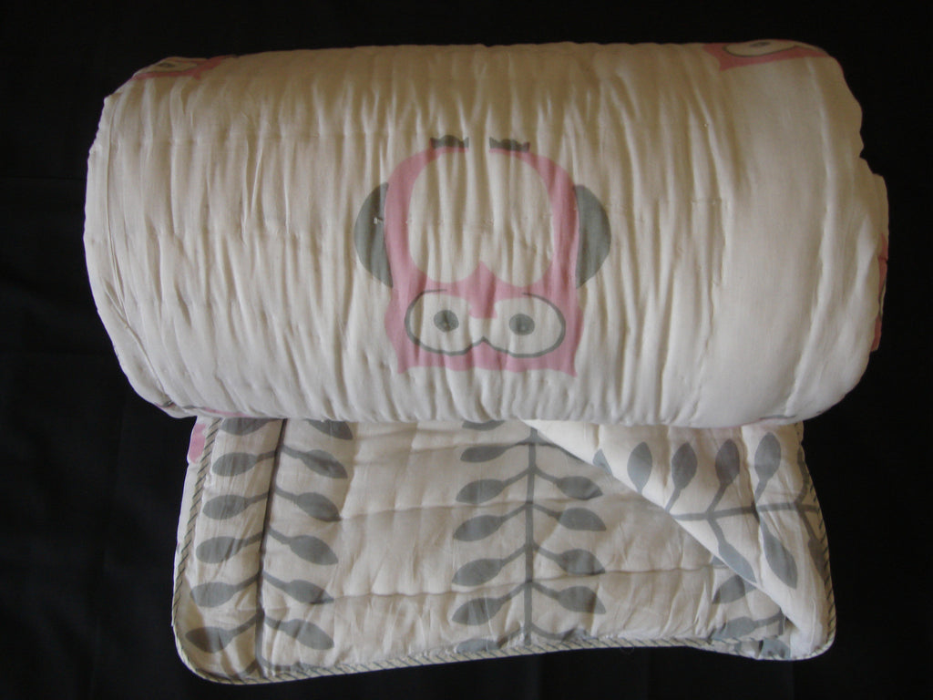 Handmade quilt, reversible, cotton, block printed in grey and pink, auspicious owl design.
