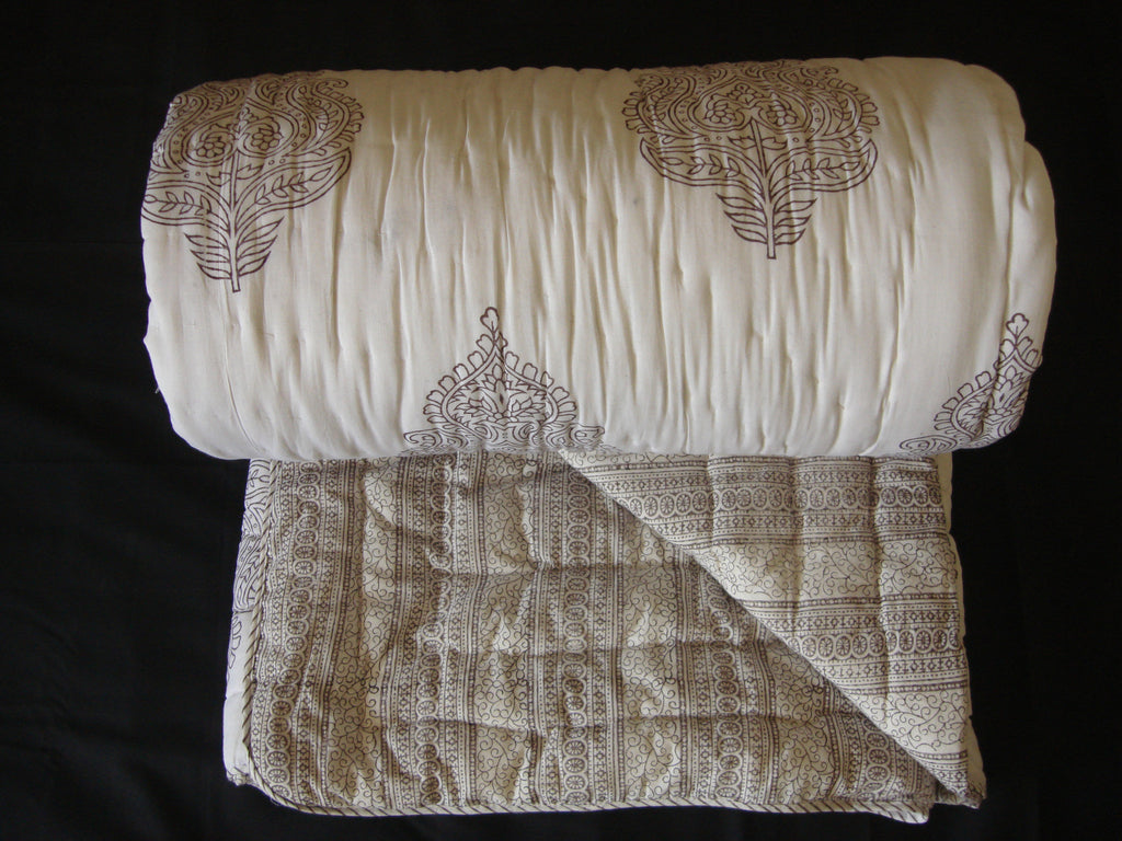 Handmade, reversible, cotton, block printed quilt in chocolate brown, Victorian design.