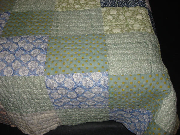 Handmade, patchwork cotton quilt in block prints with grey and blue in contrast with floral pattern. ,  - Pentagon Crafts, Pentagon Crafts
 - 2